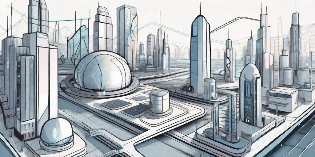 A futuristic cityscape filled with high-tech devices
