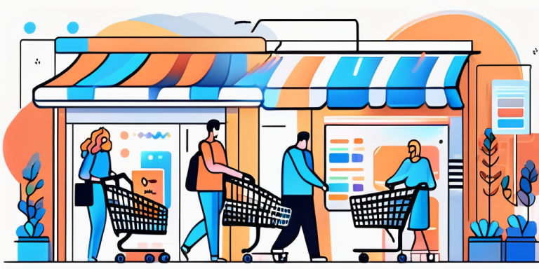 A vibrant digital marketplace with various ecommerce elements like shopping carts