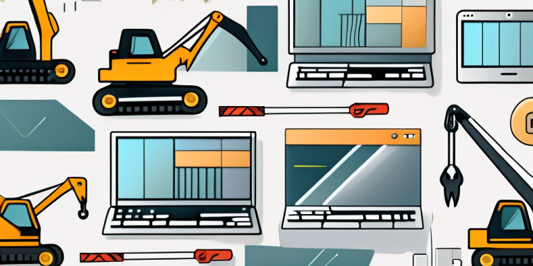 A computer with a construction crane and tools like a wrench and screwdriver
