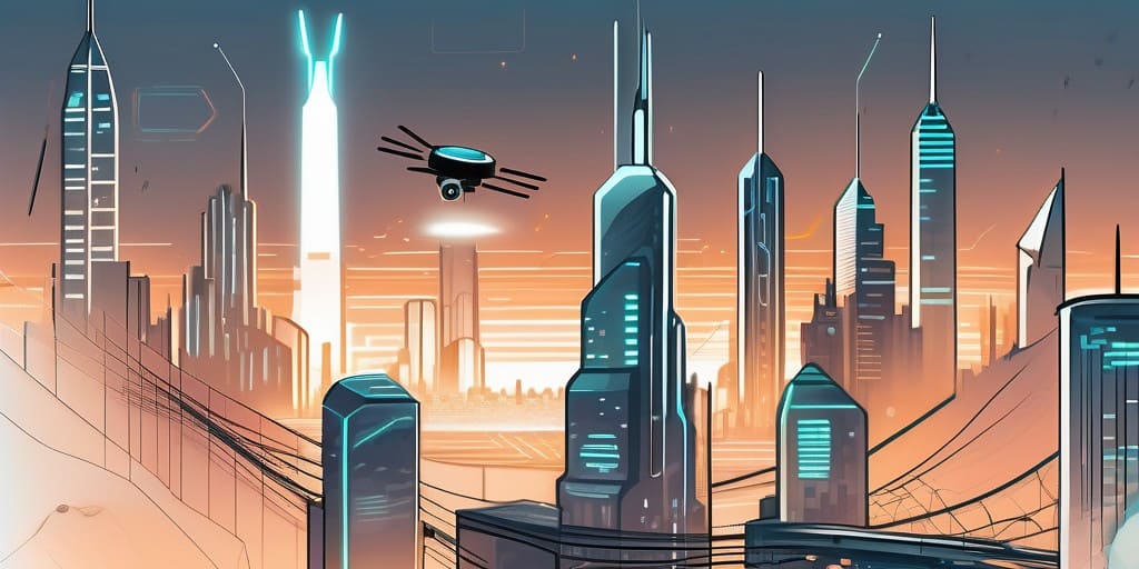 A futuristic city skyline with advanced technologies such as drones and robots