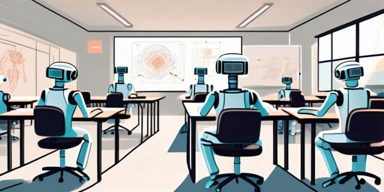 A classroom scene with ai robots teaching