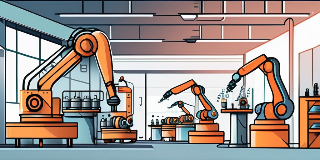 A modern manufacturing plant with various ai-powered machines and robots engaged in different stages of production