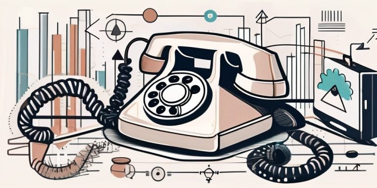 A vintage telephone surrounded by various marketing and sales symbols like arrows