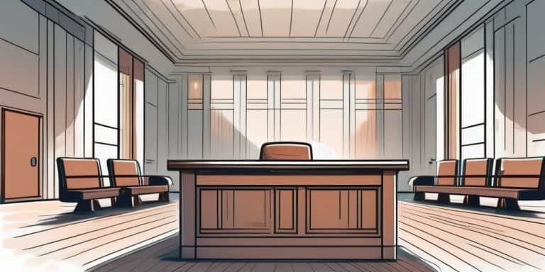A courtroom with a speech synthesis device on the judge's bench