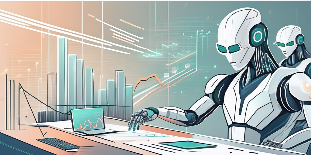 A futuristic financial landscape with ai robots managing digital data streams