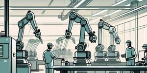 A manufacturing assembly line with various robotic arms equipped with speech synthesis devices