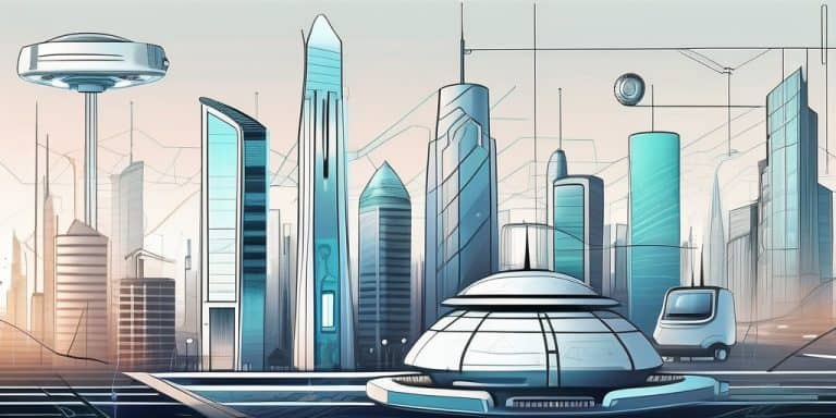 A futuristic cityscape with various advanced technologies such as autonomous vehicles and smart buildings